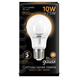 Картинка Лампа светодиодная Gauss груша A60 E27 10Вт 3000K GAUSS LED A60 E27 10W 3000K 230V RA>90 арт. 102502110 купить 